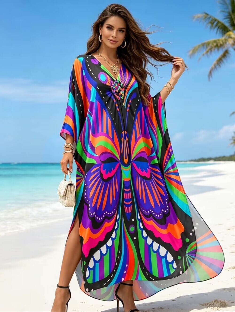 Kaftan Dress Plus Size V-Neck Batwing Sleeves Beach Cover Up Summer